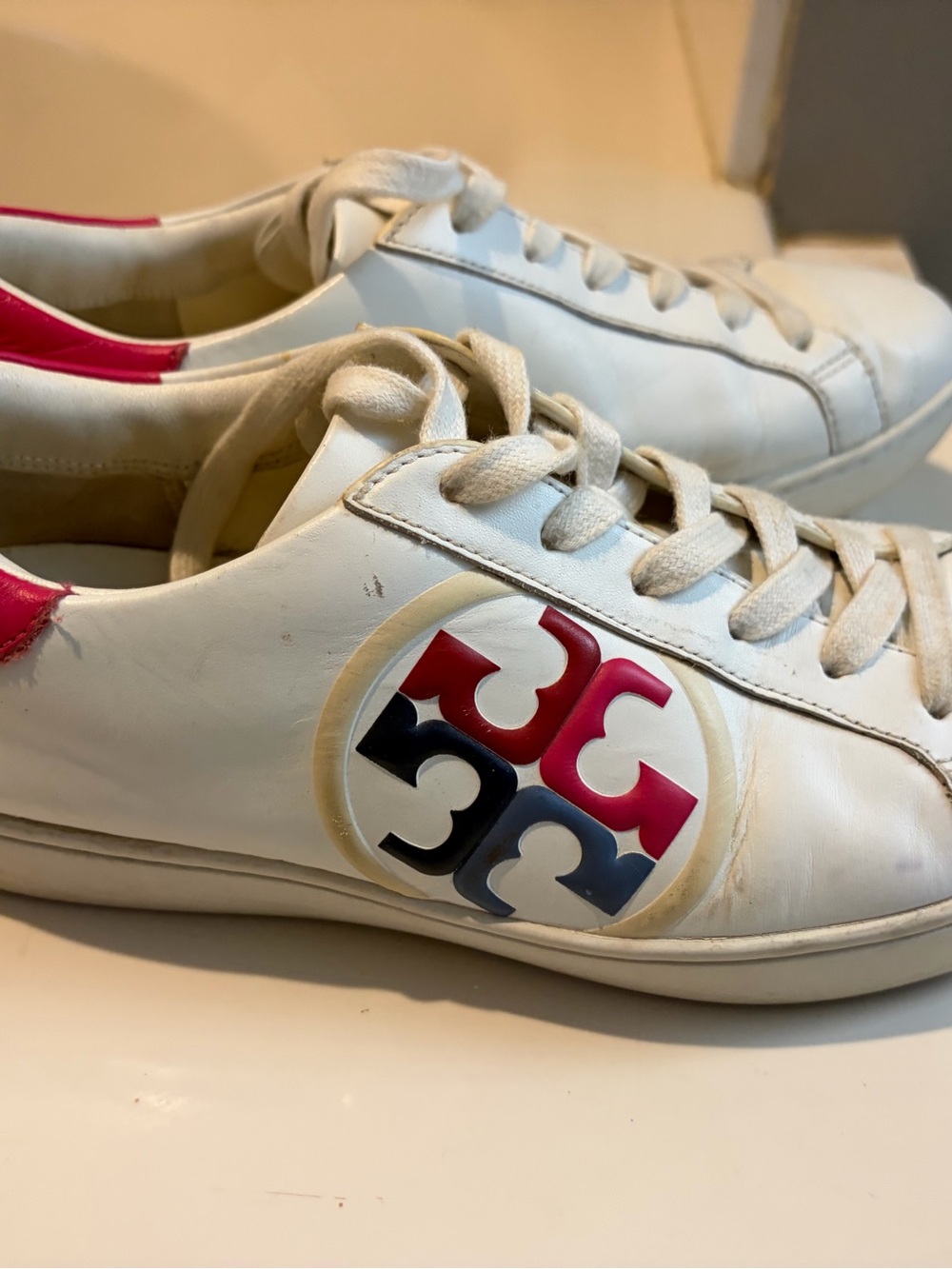 Tory Burch colorful White Leather Women's Sneakers with Pink Accent sz 8 comfy - Picture 6 of 7